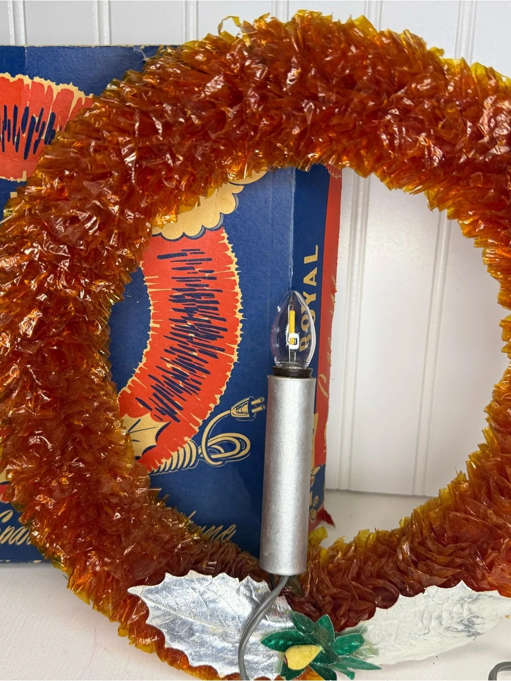 Vintage 1950s Royal Electric Illuminated Cellophane Christmas Wreath In Orig Box